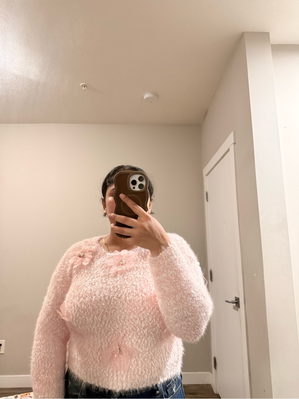 Woolen designer winter sweater - Soft Pink Floral Appliqué Bouclé Sweater